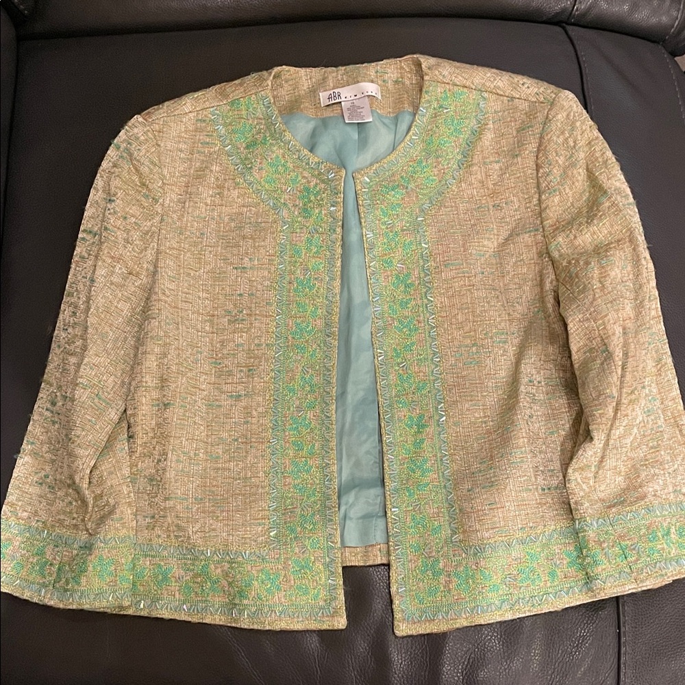 Vintage Elegant Teal Beadwork and Beige Women's Jacket/Blazer
